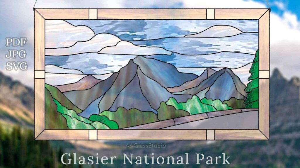 mountains national park: stained glass window frame