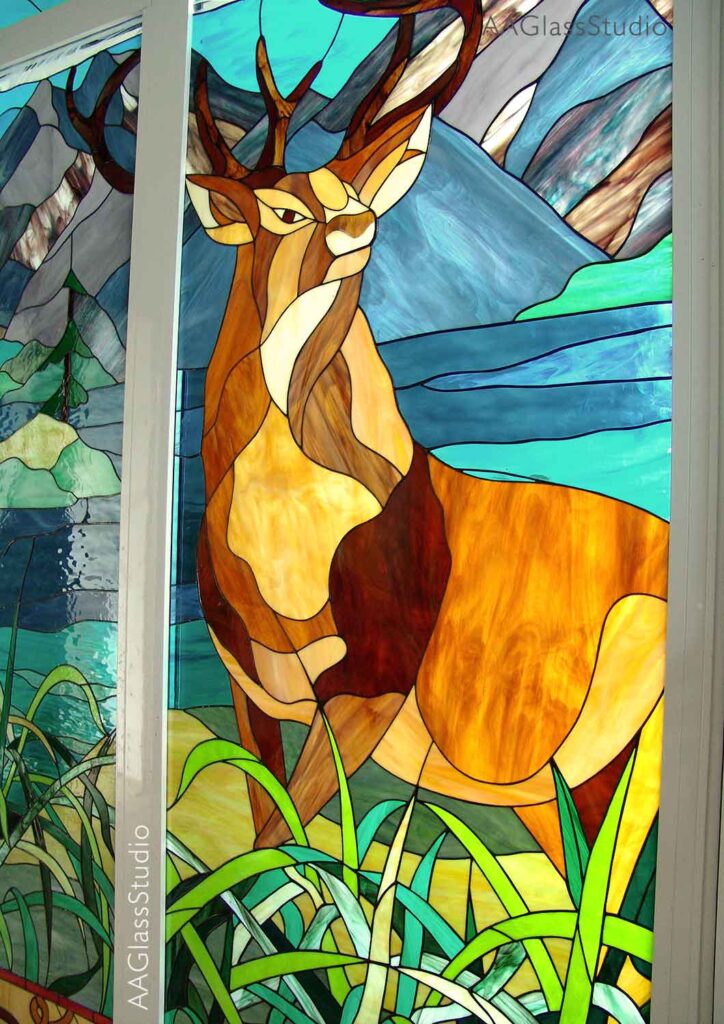 Stained Glass Mountains. Mountain scene with deer