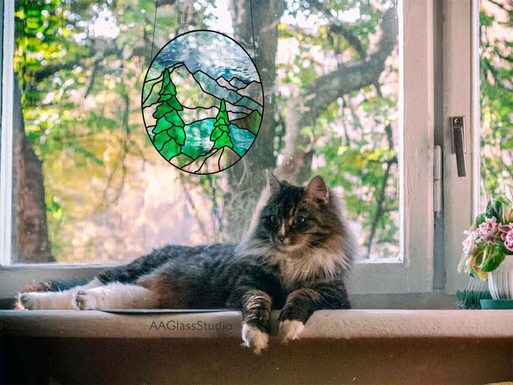 mountain lake: stained glass simple design