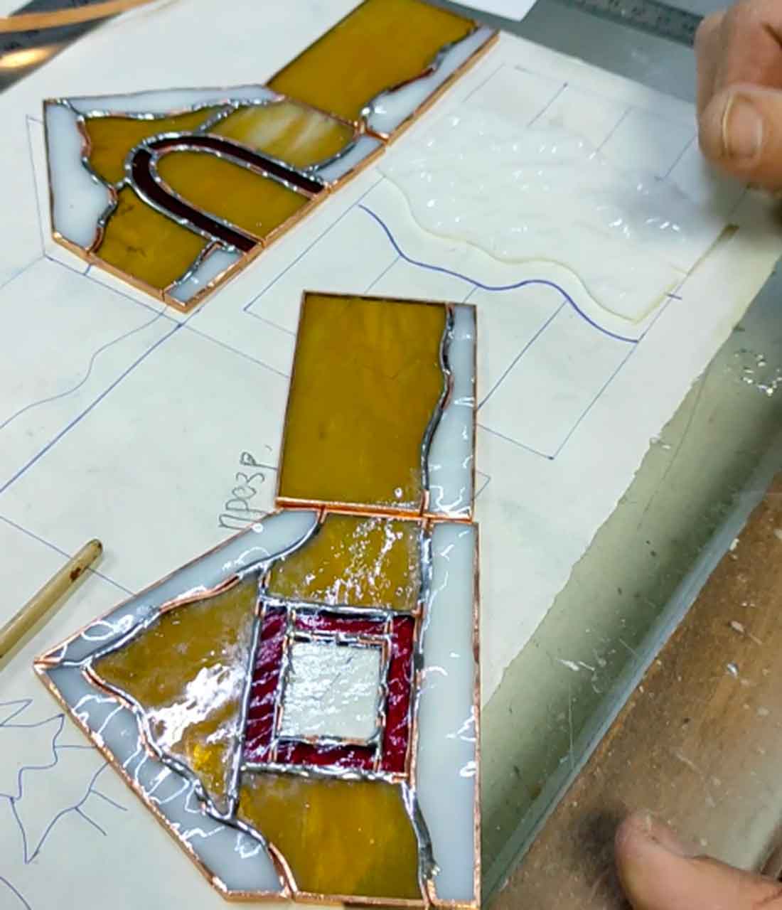 Stained glass house glass work with unfolded walls showing intricate design details, perfect for stain glass house enthusiasts