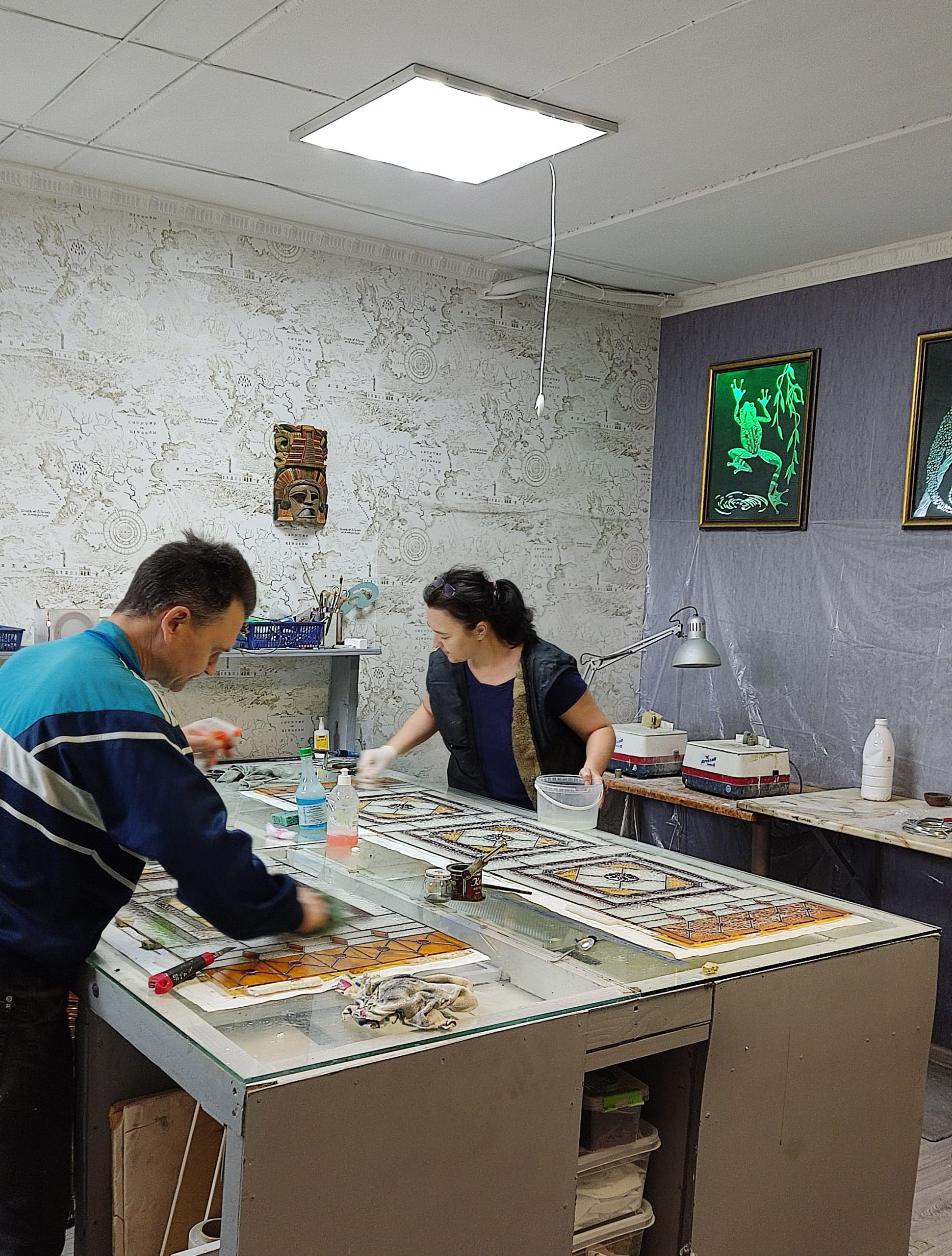 production of a stained glass door panels