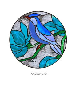 Bluebird Stained Glass Pattern on Magnolia Branch - window decor