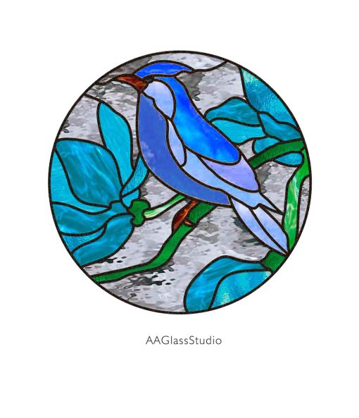 Bluebird Stained Glass Pattern on Magnolia Branch - window decor