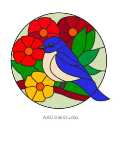 Bluebird Stained Glass Pattern Bird In Flowers - window decor