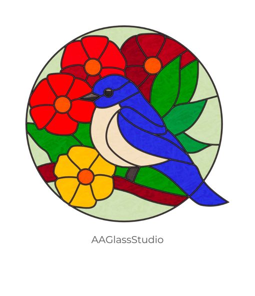 Bluebird Stained Glass Pattern Bird In Flowers - window decor