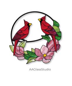 Two Cardinal Stained Glass Pattern Flowers and Leaves - window decor