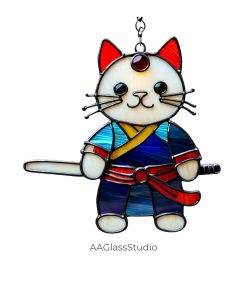 Cat Stained Glass Pattern Cute Samurai With A Sword - window decor