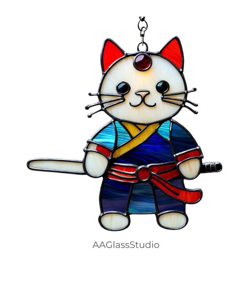 Cat Stained Glass Pattern Cute Samurai With A Sword - window decor