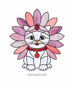 Cat Stained Glass Pattern In Indian Headdress - window decor