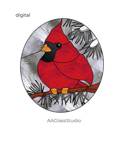 Red Cardinal Stained Glass Pattern Bird On A Branch - window decor