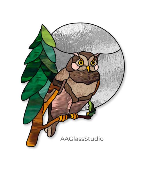 Stained Glass Owl Pattern On A Branch Pine Tree