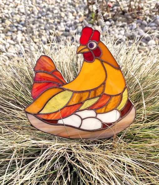 2 chicken stained glass suncatcher