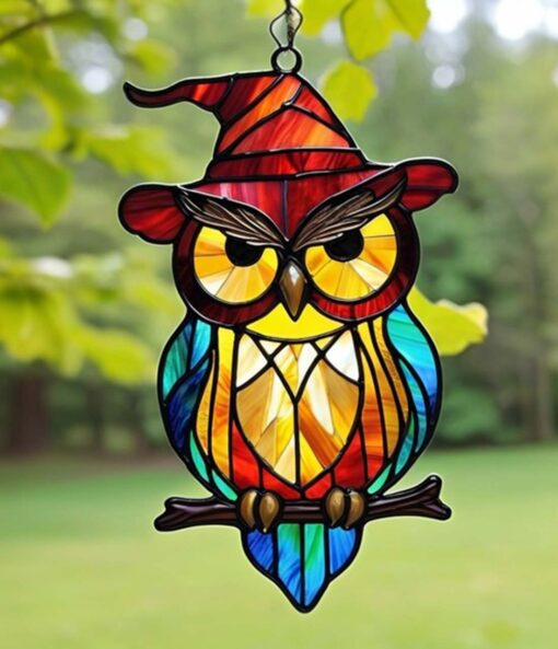 2 owl stained glass suncatcher