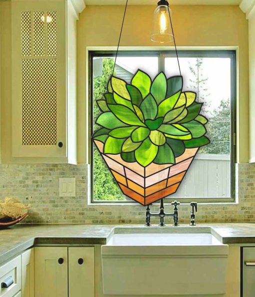 3d succulent plant pattern in stained glass