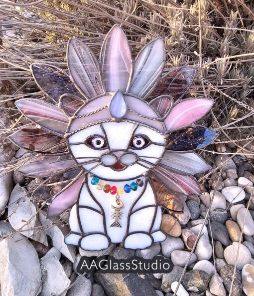 cat stained glass art: funny Cat in feathers