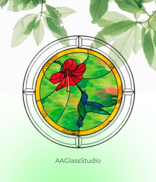 stained glass hibiscus and hummingbird