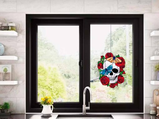 skull stained glass window decor 1