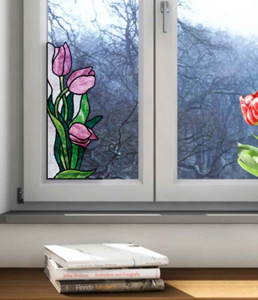 tulip stained glass pattern windows corner