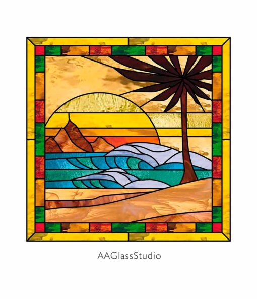 Sun-Kissed Palms Beach Stained Glass Pattern Window Art - window decor