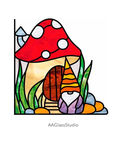 Mushroom Stained Glass Pattern Gnome's House - window decor