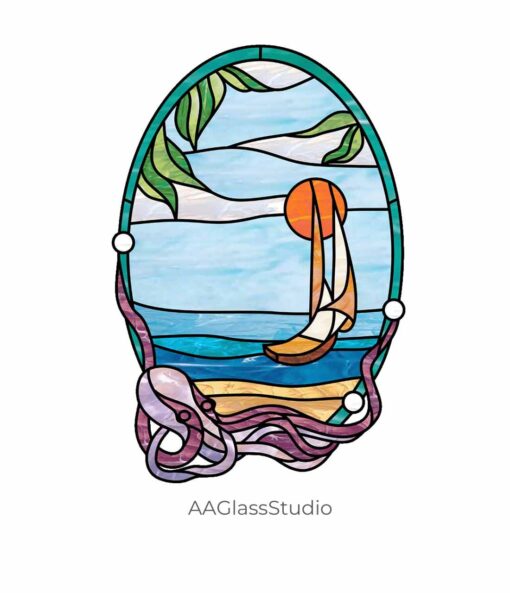 Ship and Octopus Ocean Stained Glass Pattern - window decor