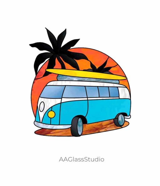 Vintage Van Vibes: Stained Glass Beach Scenes Delight - window decor