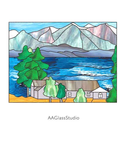 Montana and Flathead-Lake Stained Glass Mountain Scene - window decor