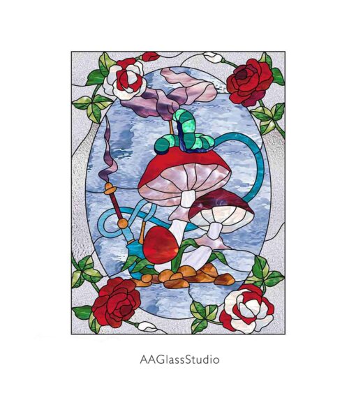 Alice’s Enchanted Stained Glass Mushroom & Roses Panel - window decor