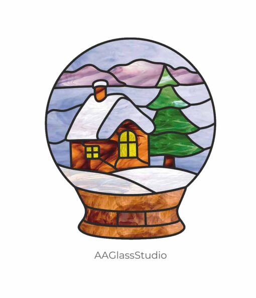 Christmas Stained Glass Ideas: Serene Snowy House in Globe - window decor