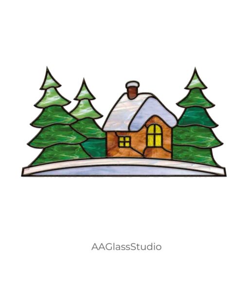 Easy Christmas Stained Glass Patterns: Cozy Forest Cabin - window decor