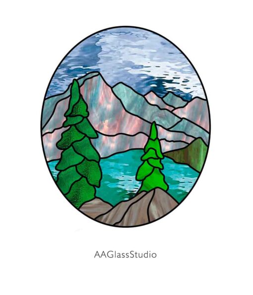 Enchanting Mountain Scene Stained Glass: Morane Lake Beauty - window decor