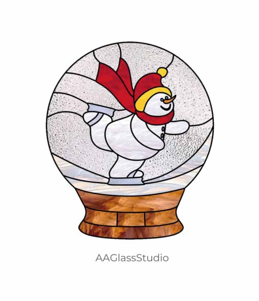 Enchanting Stained Glass Snow Globe: Skating Snowman - window decor