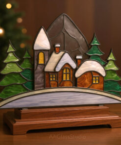 stained glass display, tiny house, standing under the Christmas tree