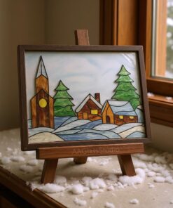 stained glass christmas ornaments, on wood frame