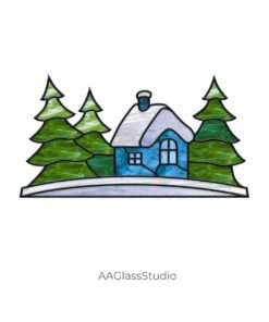 Christmas stained glass pattern: a lonely house among the fir trees