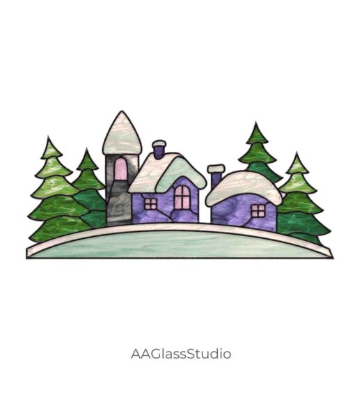 stain glass Christmas houses printable PDF and SVG