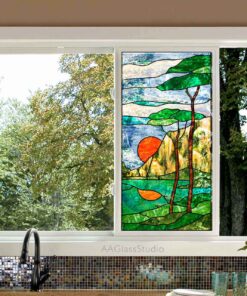 Mountain scene stained glass window kitchen