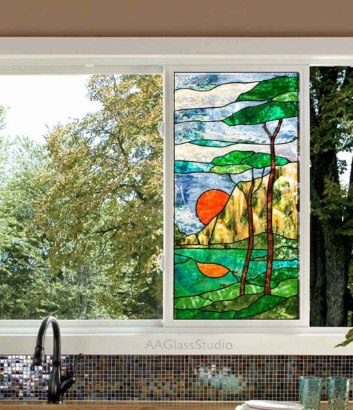 Mountain scene stained glass window kitchen