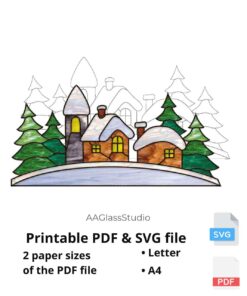 stained glass Christmas houses printable PDF and SVG