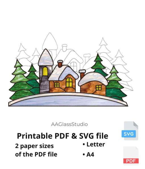 stained glass Christmas houses printable PDF and SVG