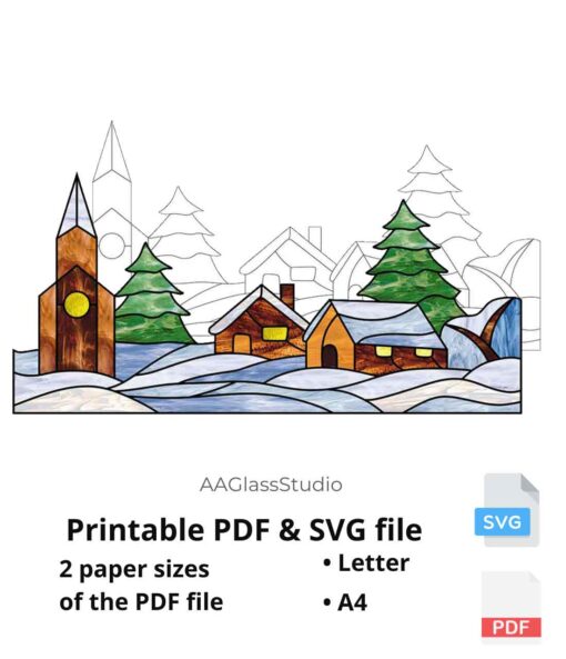 Christmas village stained glass printable PDF and SVG