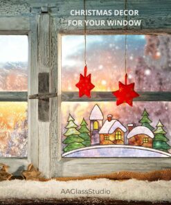 Christmas houses window decor: stained glass village