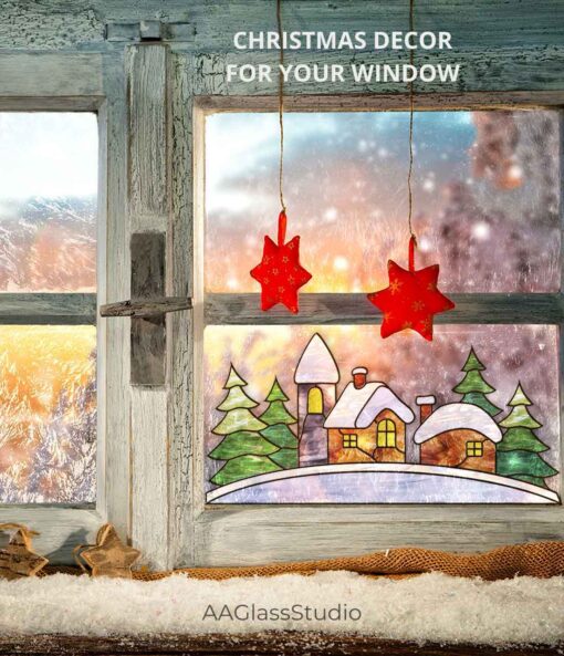 Christmas houses window decor: stained glass village