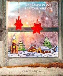 Stained Glass Christmas village window decor