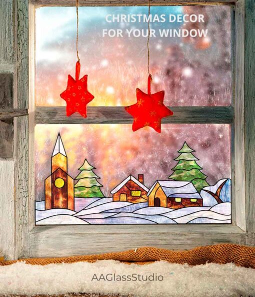 Stained Glass Christmas village window decor