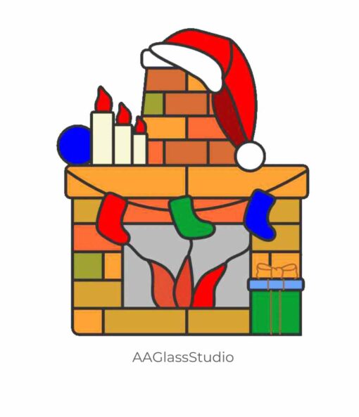 stained glass fireplace patterns set: Christmas fireplace with stockings