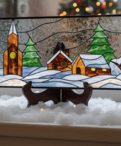 christmas village panel, standing on the windowsill, the atmosphere of Christmas.