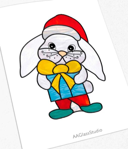 Elated Cute Bunny Christmas Stained Glass Art - window decor