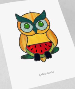 Funny Owl Stained Glass Pattern: Playful Owl with Watermelon - window decor