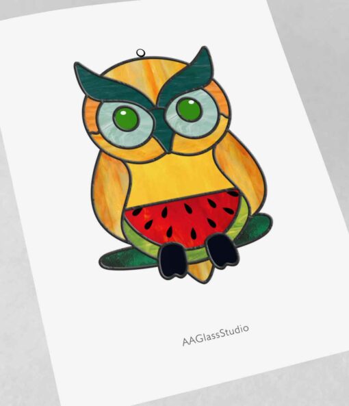 Funny Owl Stained Glass Pattern: Playful Owl with Watermelon - window decor